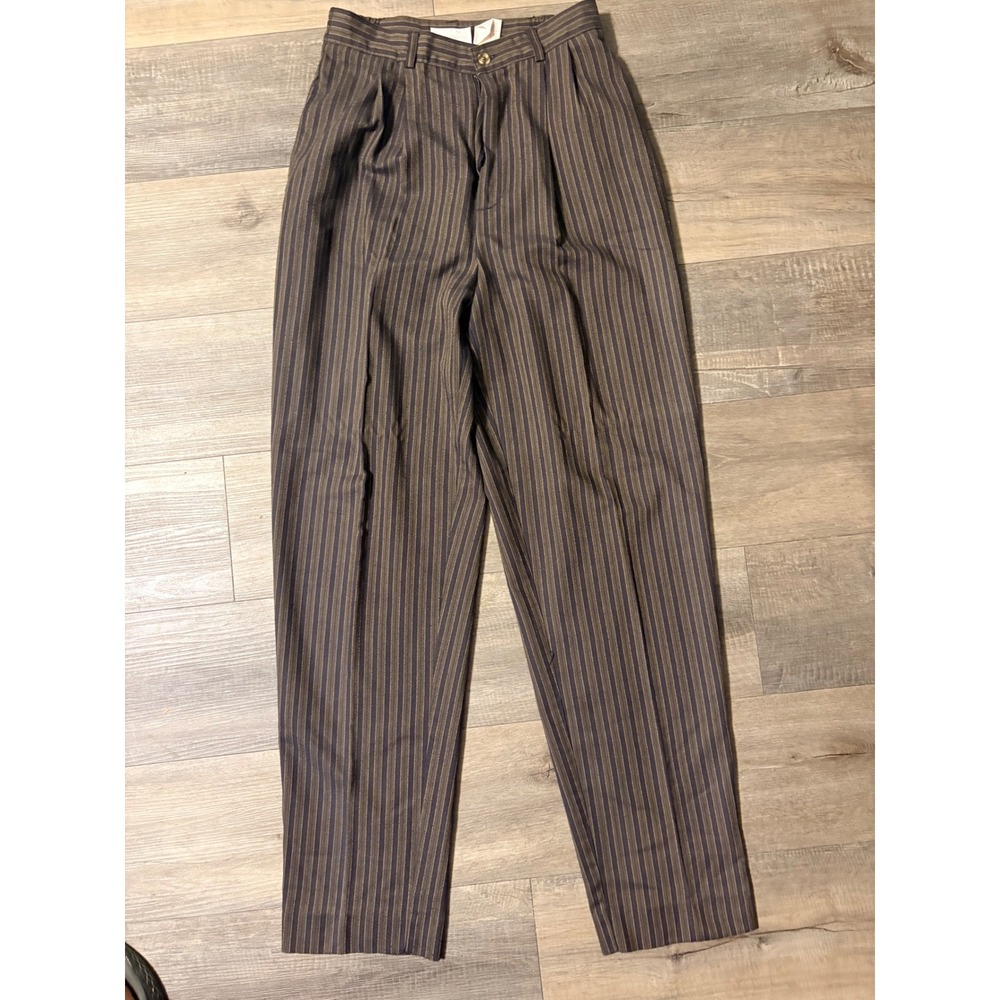 Worthington Vintage Pinstripe Pleated Trousers Brown Black High Rise 10T Tall